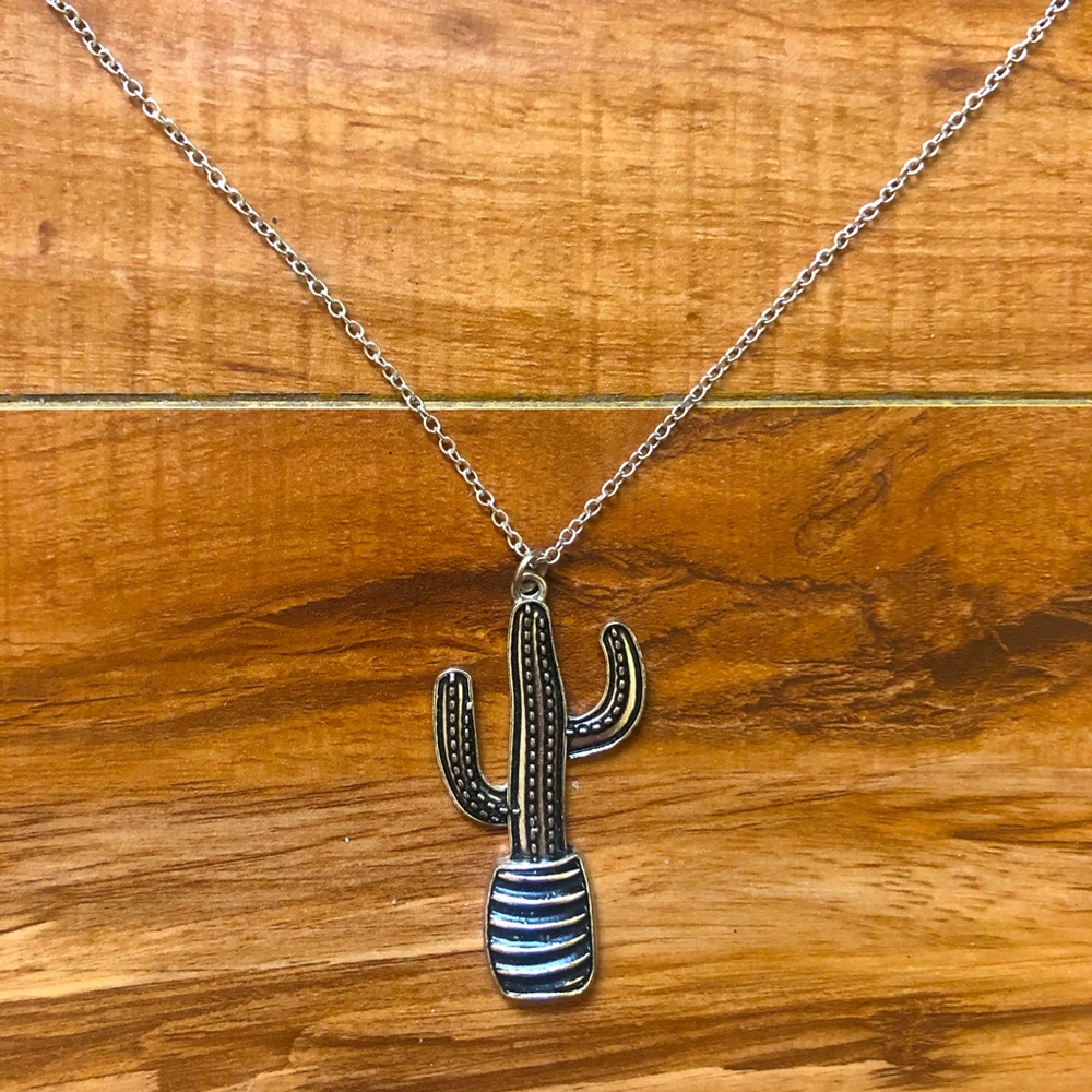 Cactus pendant silver toned mid length necklace